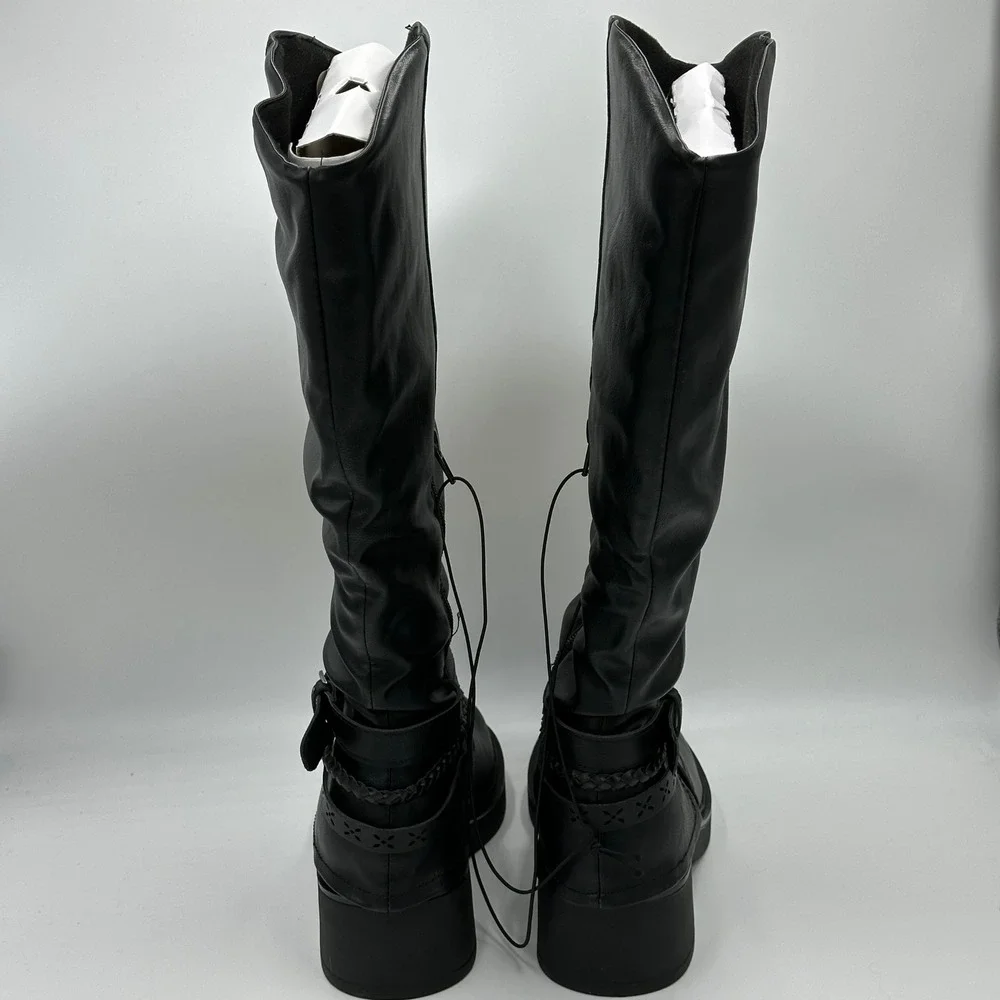 NIB Pop Freeway Black Faux Leather Tall Riding Biker Moto Boots Western Womens 6